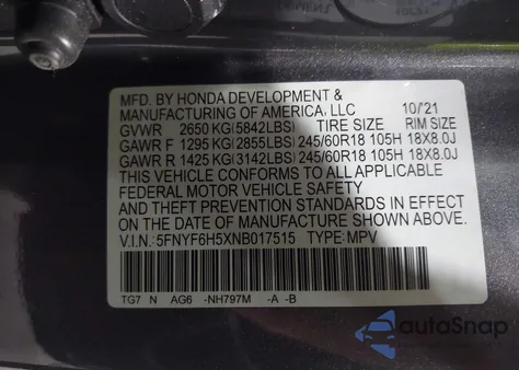 2022 Honda Pilot Awd Ex-L из США, поврежденный, VIN 5FNYF6H5XNB017515